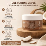 Déodorant solide Coco Endro en pot verre avec guide d'utilisation 3 étapes pour 48h de protection