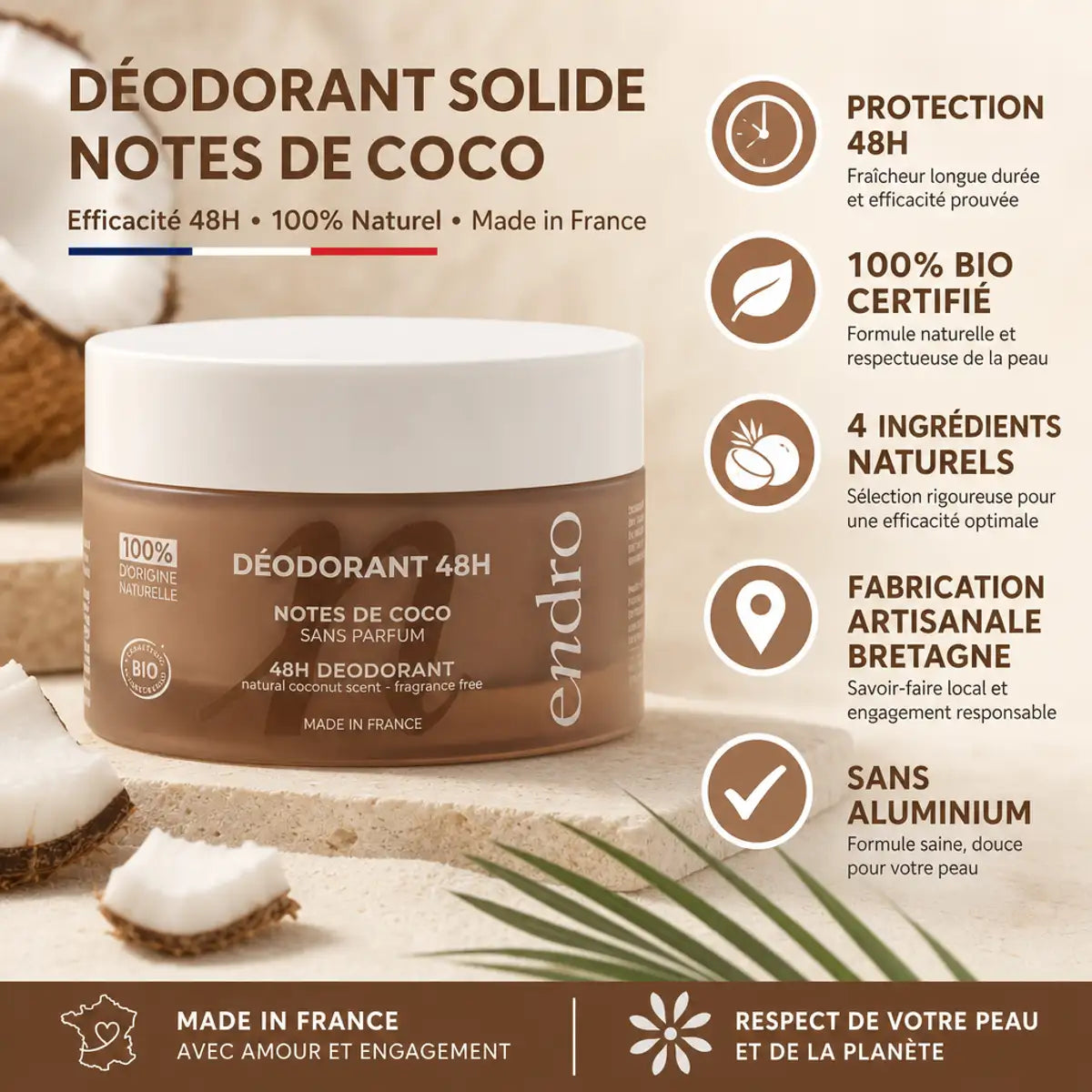Déodorant solide Coco Endro 48h bio certifié en pot verre brun, fabrication artisanale Bretagne