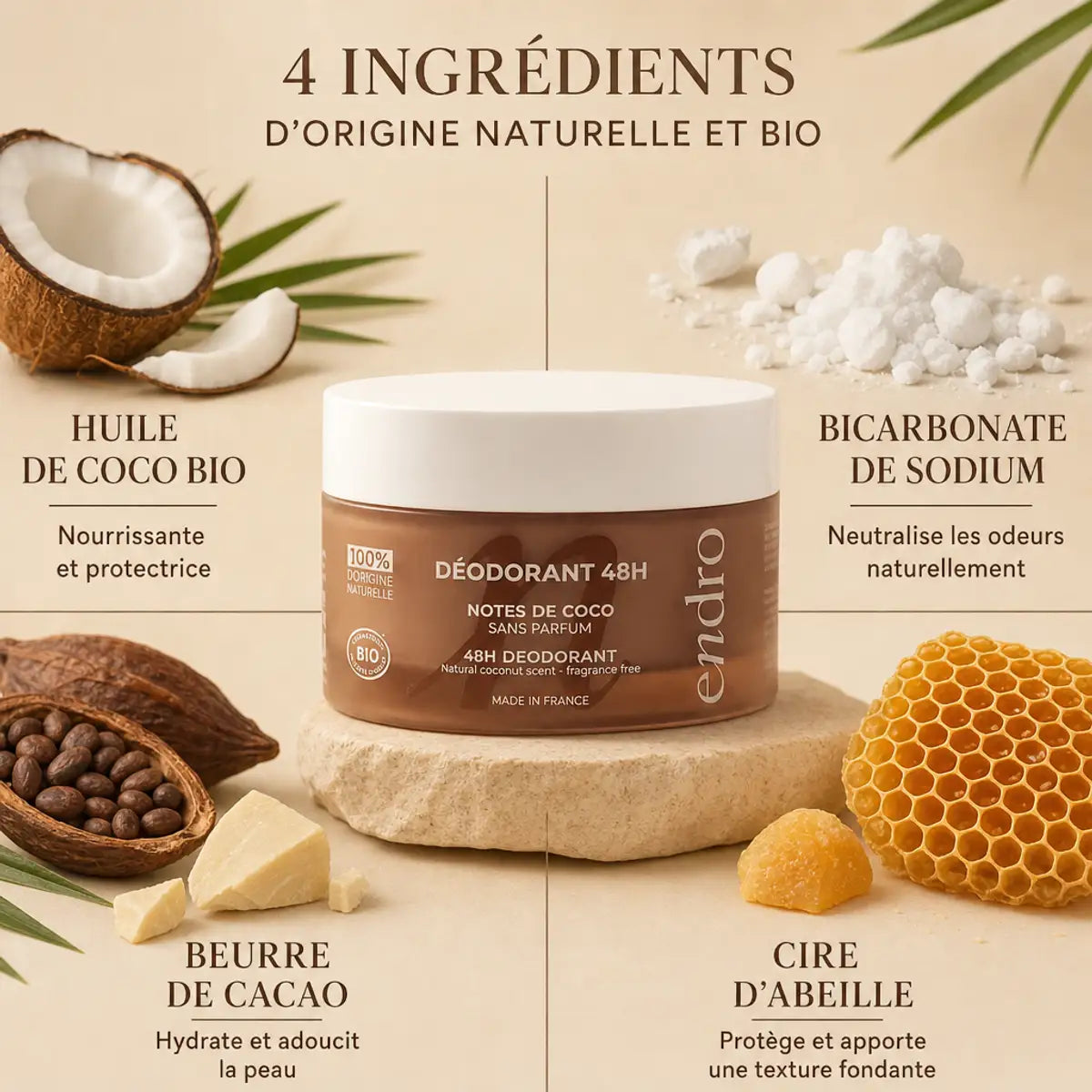 Déodorant solide Coco Endro 48h avec ingrédients naturels : huile de coco, bicarbonate, beurre de cacao et cire d'abeille