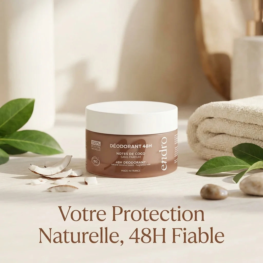 Déodorant solide Coco Endro 48h dans un décor minimaliste avec noix de coco et greenery