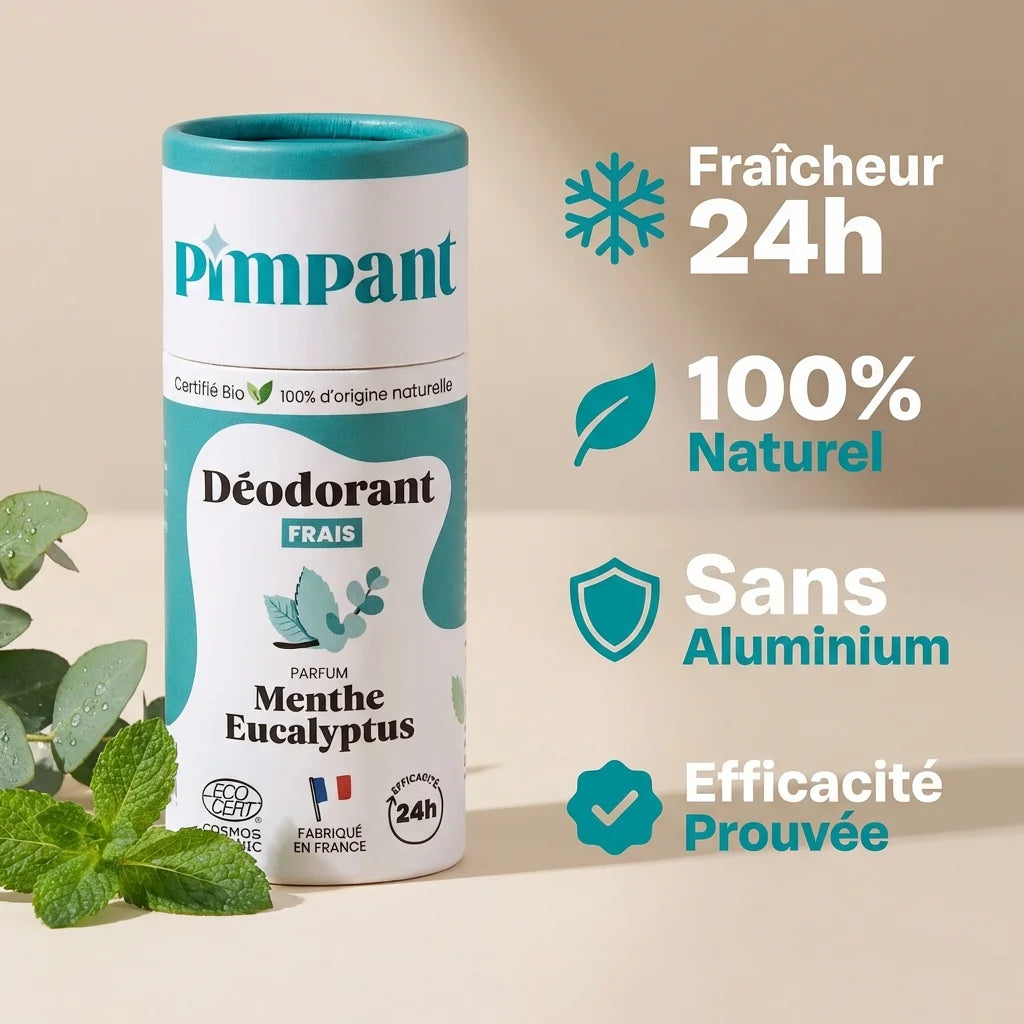 Déodorant solide Menthe & Eucalyptus Pimpant 50g avec avantages: fraîcheur 24h, naturel, sans aluminium