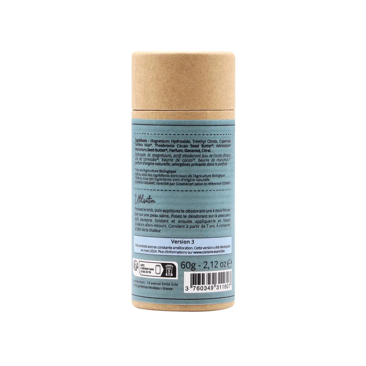 Le verso d'un déodorant solide monoï de la marque Comme Avant