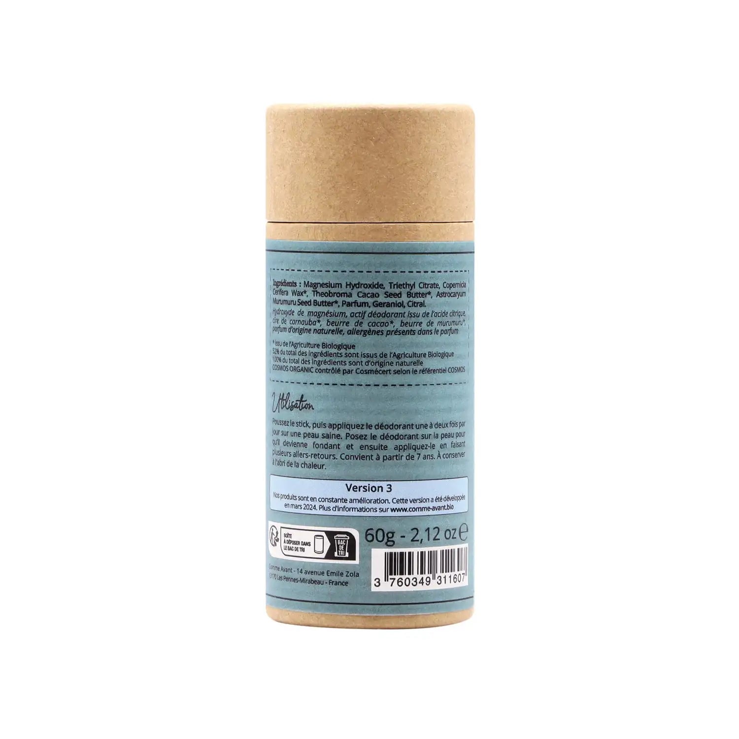 Le verso d'un déodorant solide monoï de la marque Comme Avant