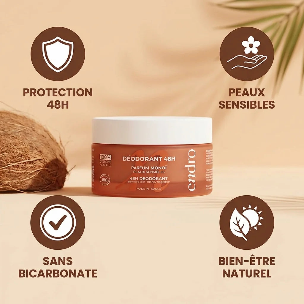 Déodorant solide Monoï Endro peaux sensibles - pot terracotta avec bénéfices 48h