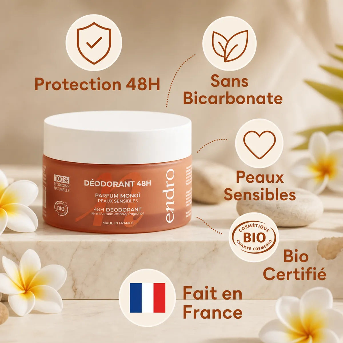 Déodorant solide Monoï Endro peaux sensibles bio certifié made in France 48h