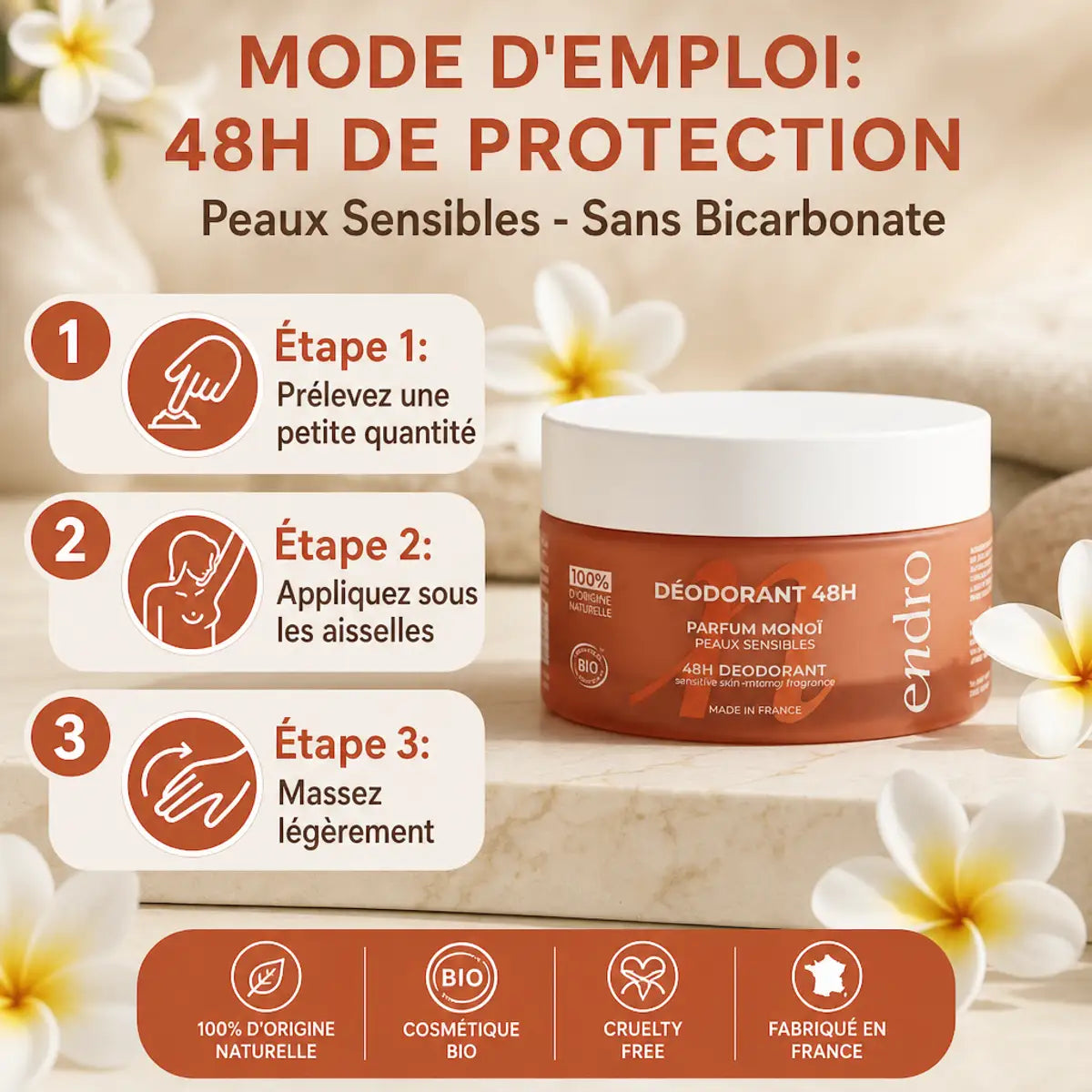 Déodorant solide Monoï Endro peaux sensibles avec guide d'utilisation et fleurs de monoï