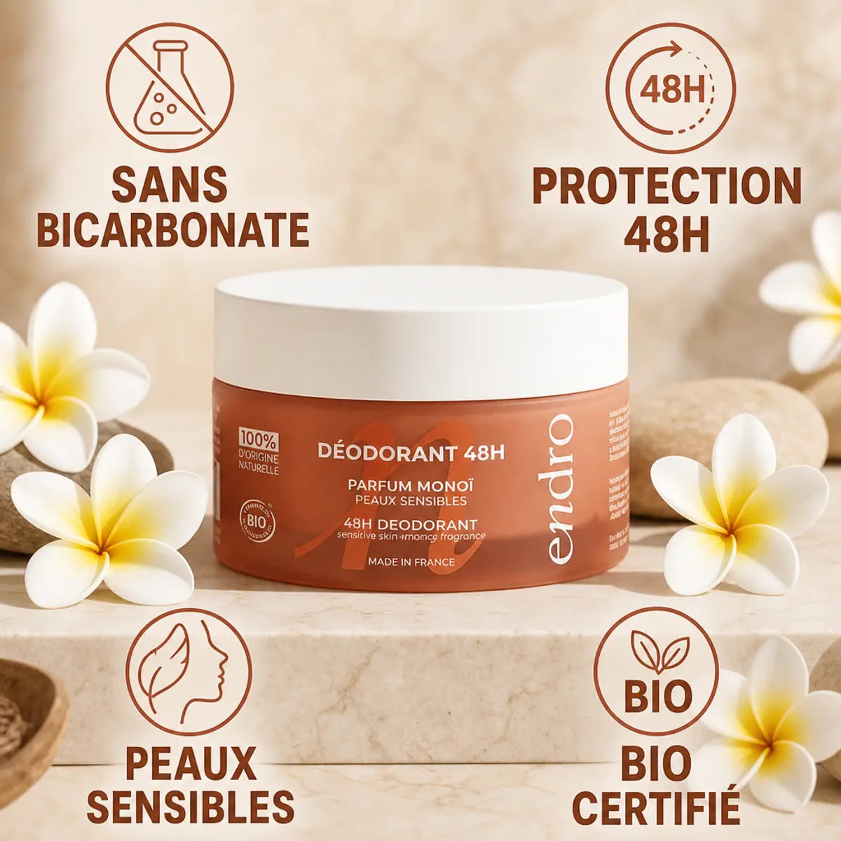 Déodorant solide Monoï Endro peaux sensibles, sans bicarbonate, protection 48h bio certifié