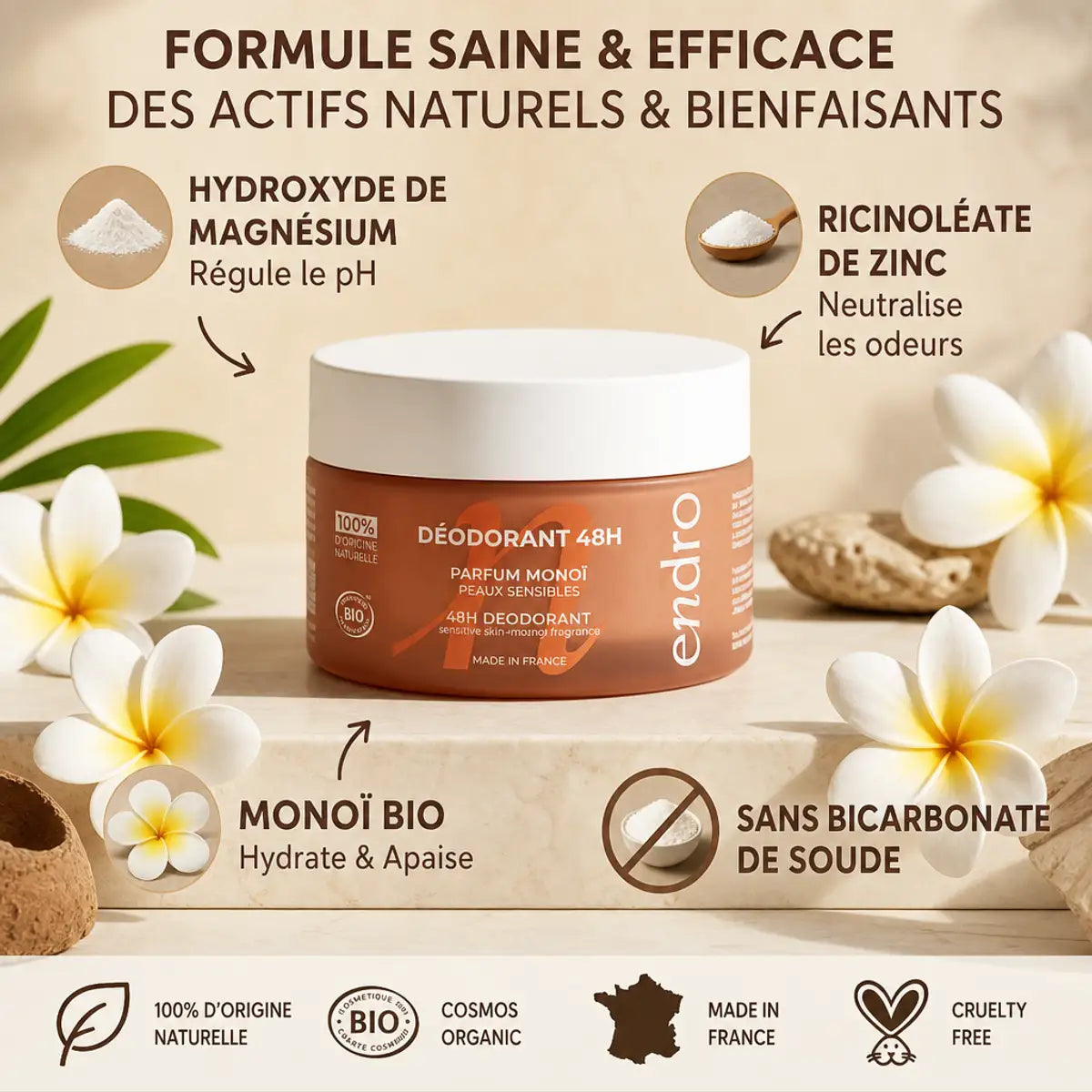 Déodorant solide Monoï Endro peaux sensibles avec ingrédients naturels et fleurs blanches