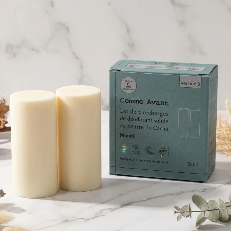 Déodorant solide monoï recharges Comme Avant sur marbre blanc avec packaging
