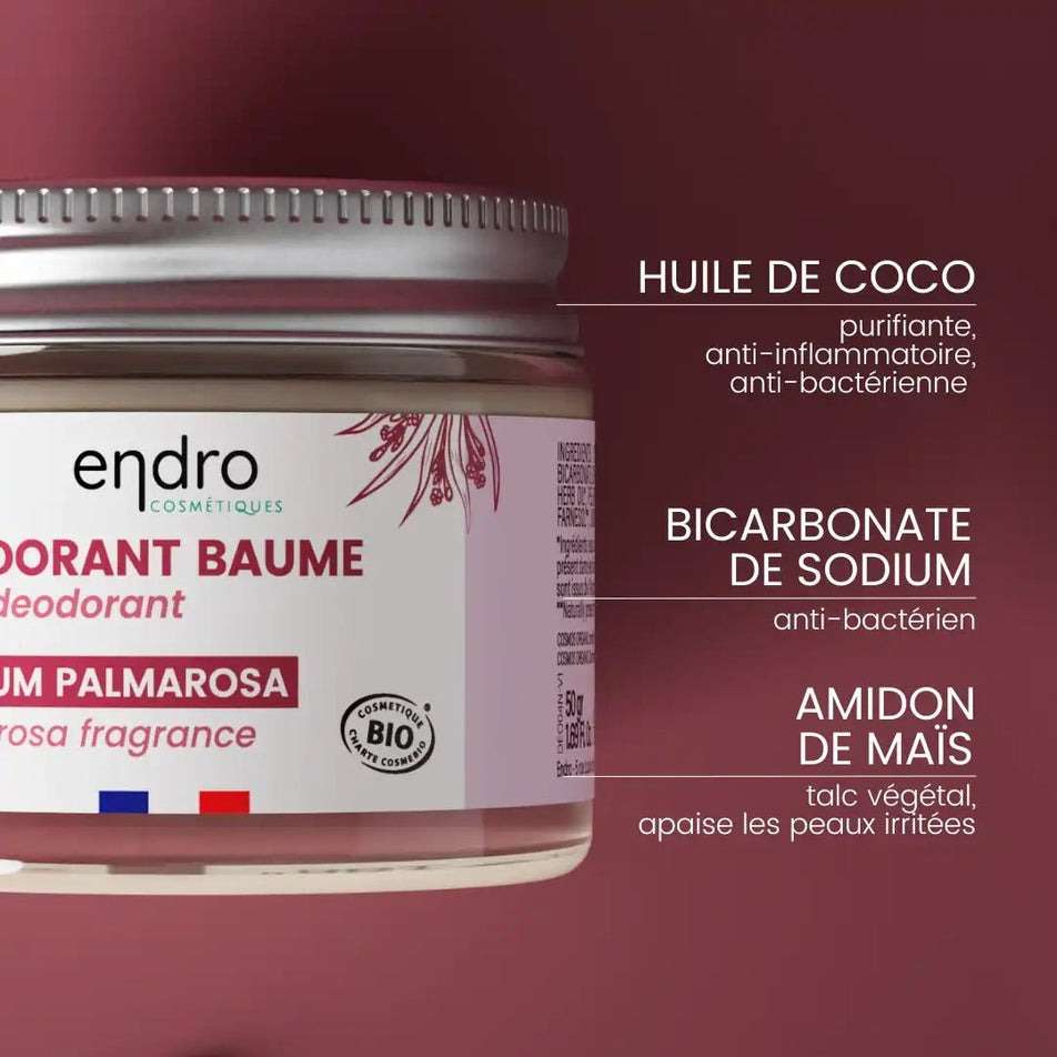 Les ingrédients et leurs bienfaits du déodorant Solide Palmarosa & Géranium Endro