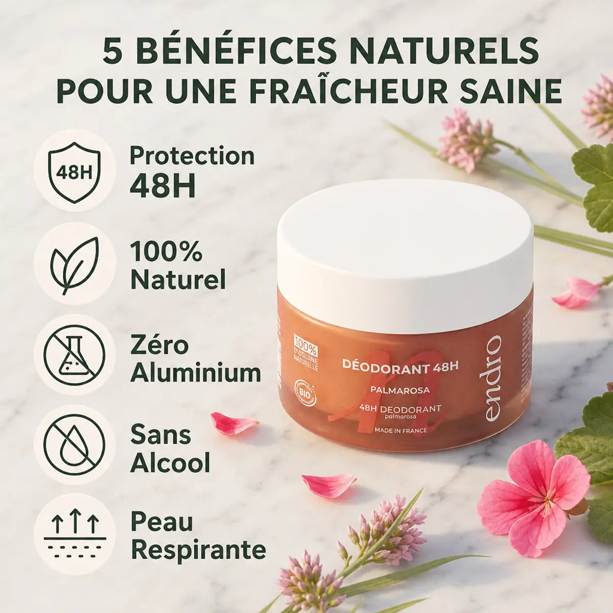 Déodorant solide Endro Palmarosa & Géranium - Protection 48h naturelle sans aluminium
