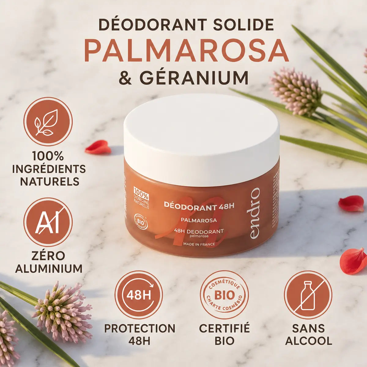 Déodorant solide Palmarosa Géranium Endro - pot terracotta, ingrédients naturels, protection 48h