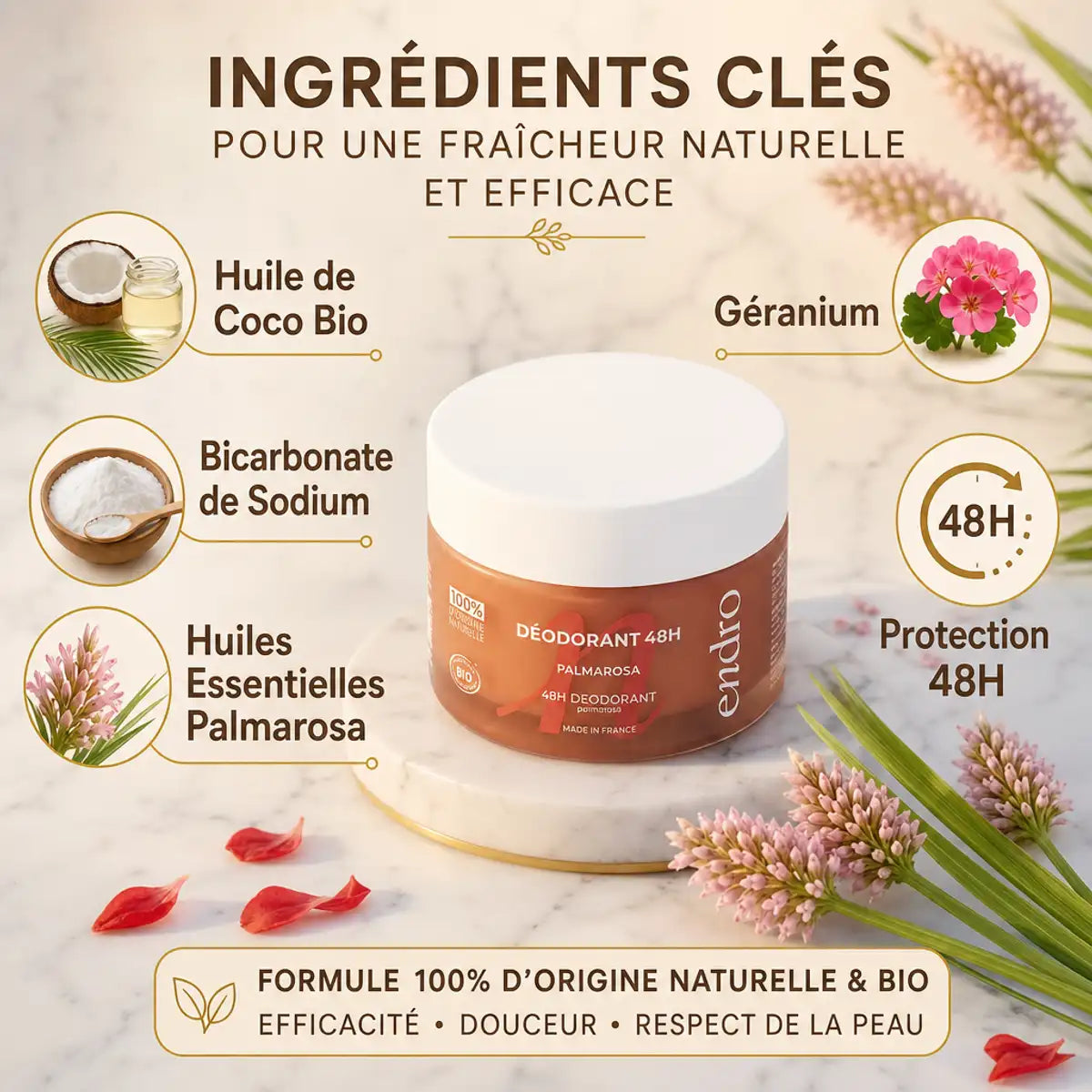 Déodorant Solide Palmarosa Géranium Endro avec ingrédients naturels bio et protection 48h