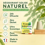 Déodorant solide Palmarosa Lamazuna avec ses 5 bénéfices : 24h efficacité, zéro déchet, économique