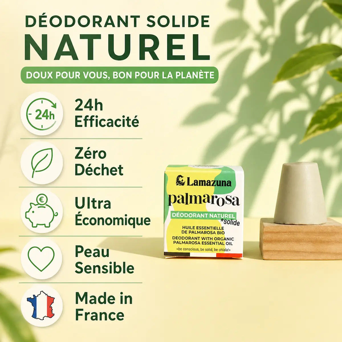 Déodorant solide Palmarosa Lamazuna avec ses 5 bénéfices : 24h efficacité, zéro déchet, économique