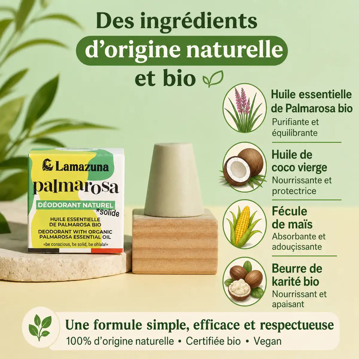 Déodorant solide Palmarosa Lamazuna avec ingrédients bio : huile essentielle, noix de coco, maïs et karité