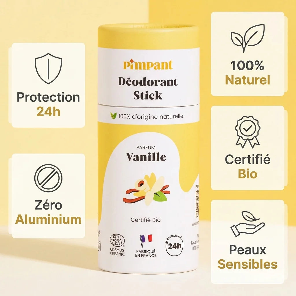 Déodorant solide vanille Pimpant 50g avec bénéfices : protection 24h, naturel, bio, zéro aluminium