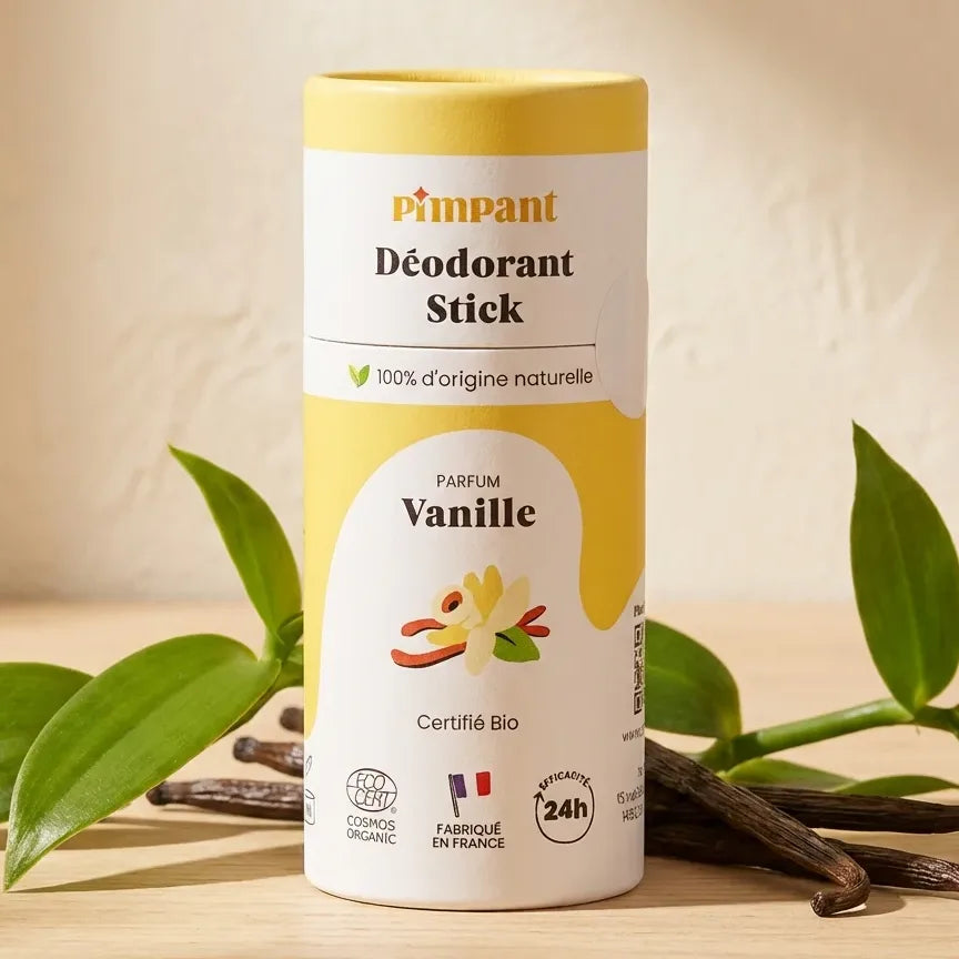 Déodorant solide Pimpant Vanille 50g avec vanilla et feuilles vertes sur fond naturel