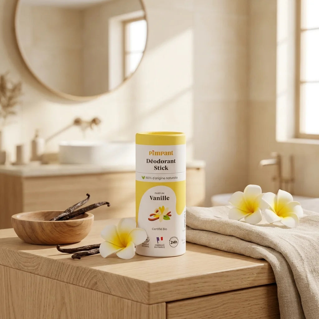 Déodorant solide vanille Pimpant 50g sur un meuble de salle de bain avec fleurs