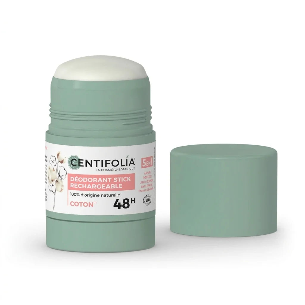 Déodorant stick rechargeable 48h Centifolia coton, casing vert sauge avec capuchon blanc