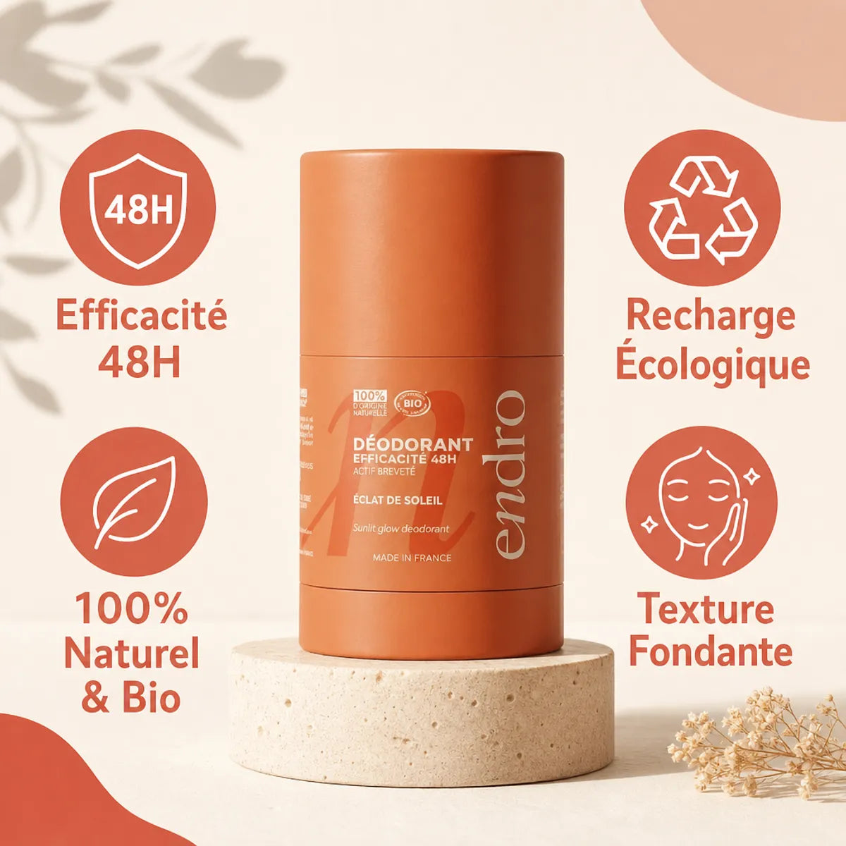 Déodorant stick rechargeable Endro Éclat de Soleil 50g naturel bio efficacité 48h
