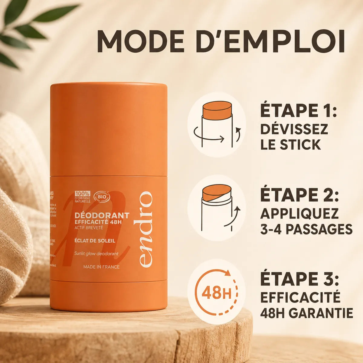 Déodorant stick rechargeable Endro Éclat de Soleil 50g avec guide d'utilisation en 3 étapes