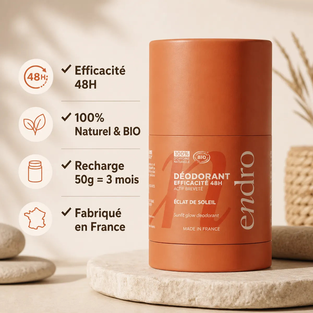 Déodorant stick rechargeable Endro 50g Éclat de Soleil, efficacité 48h, 100% naturel et bio