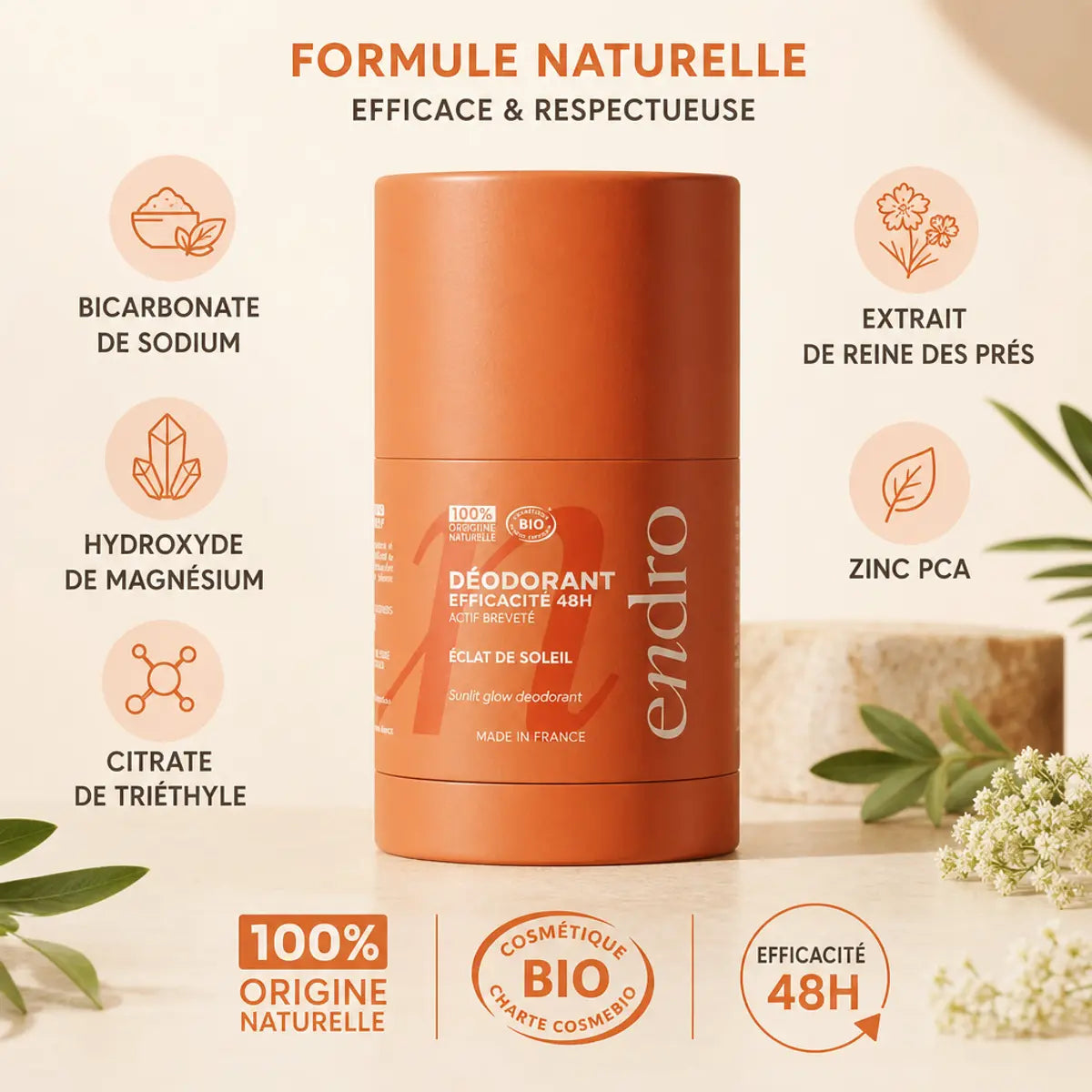 Déodorant stick rechargeable Éclat de Soleil Endro 50g orange avec ingrédients naturels et certifications bio