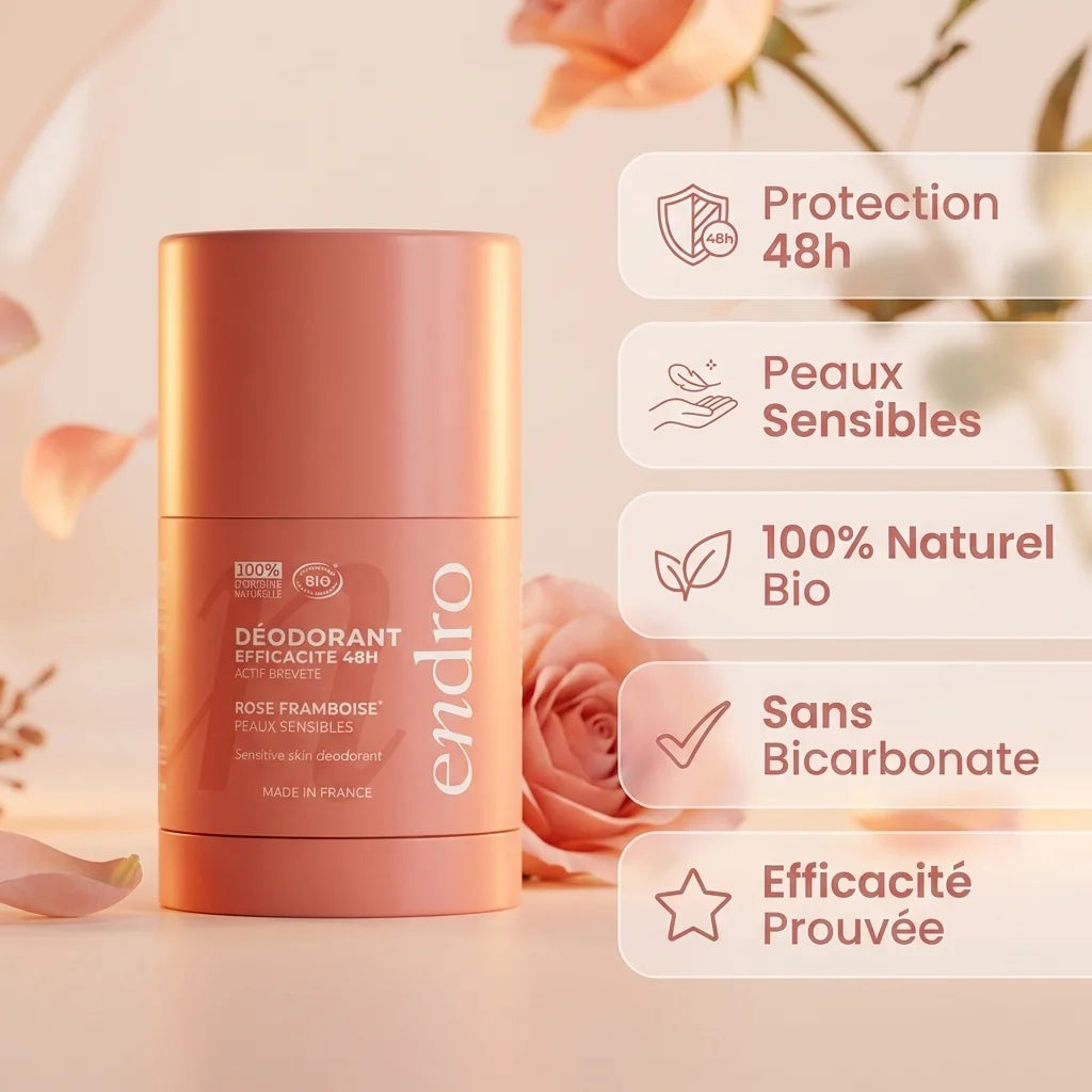 Déodorant stick rechargeable Endro rose-framboise 50g avec bénéfices naturels et protection 48h