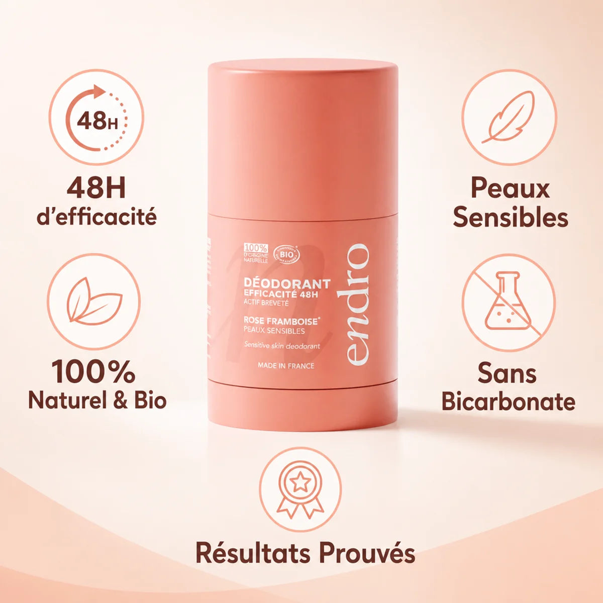 Déodorant stick Endro 50g rose-framboise rechargeable, 100% naturel, 48h d'efficacité