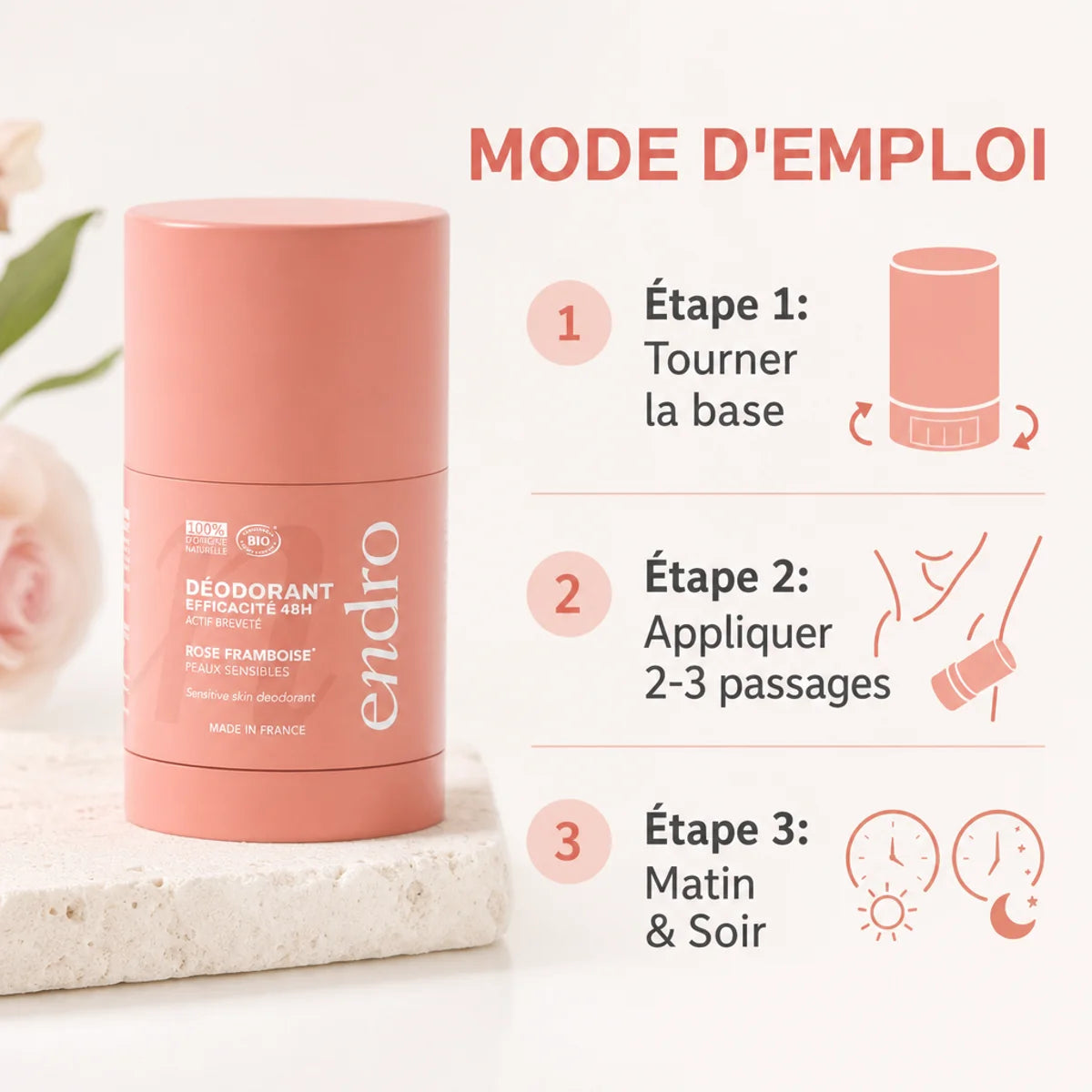 Déodorant stick rechargeable Endro rose-framboise 50g avec guide d'utilisation en français