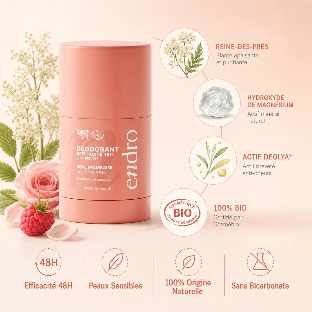 Déodorant stick rechargeable Endro rose-framboise 50g avec ingrédients naturels et certification bio
