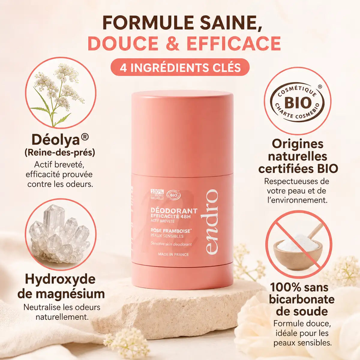 Déodorant stick Endro rose-framboise 50g rechargeable avec ingrédients naturels certifiés bio