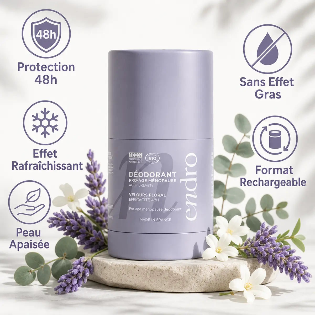 Déodorant stick rechargeable Endro lavande avec bénéfices : protection 48h, peau apaisée, sans effet gras