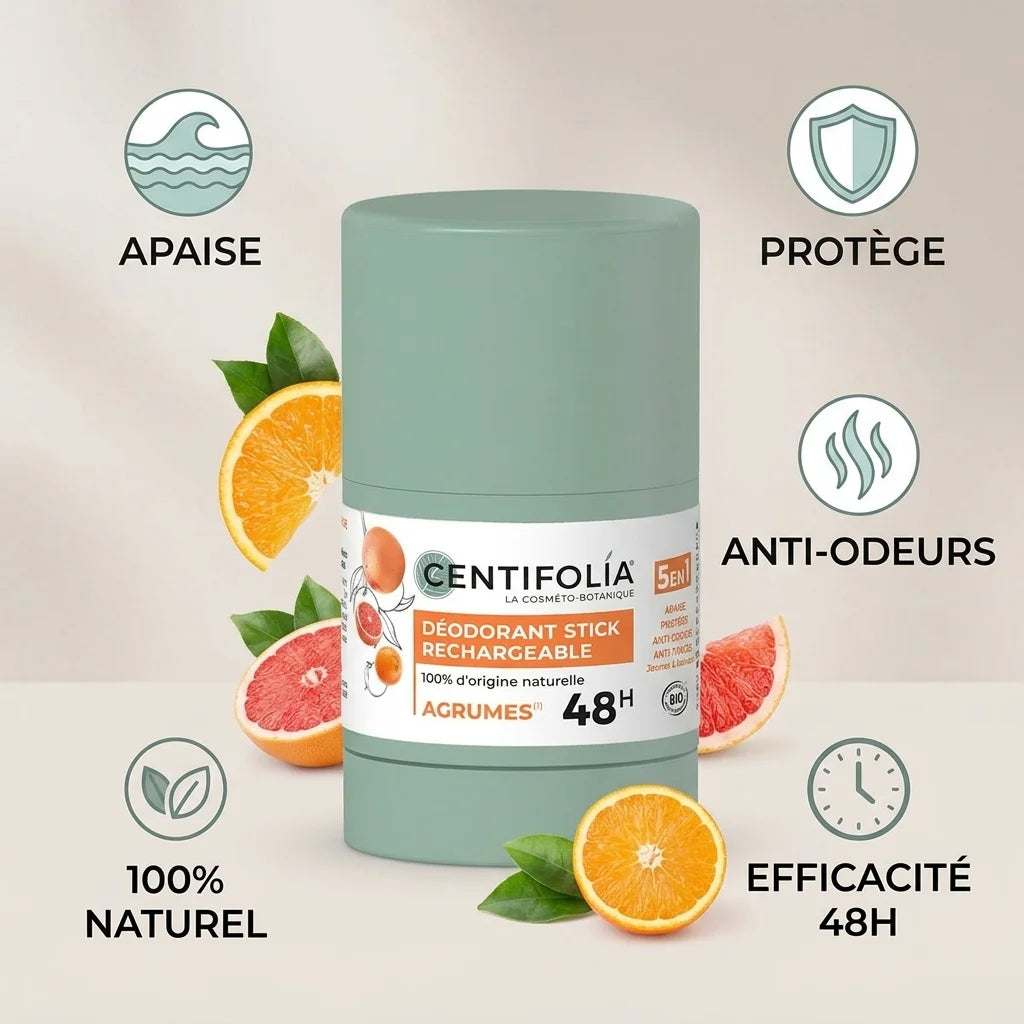 Déodorant Stick Rechargeable Centifolia Agrumes 50g avec bénéfices naturels et protection 48h
