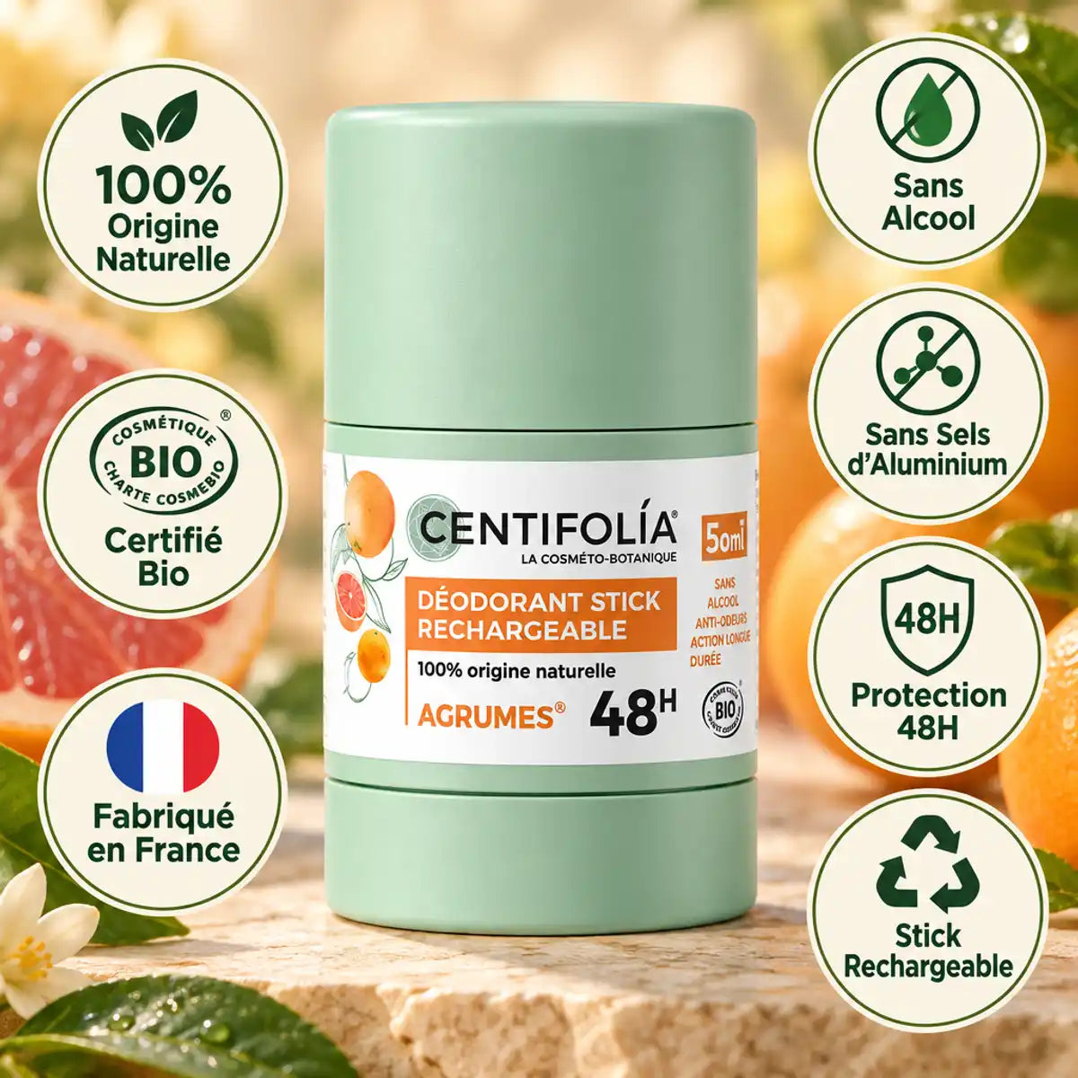 Déodorant stick rechargeable Centifolia agrumes 50g, certifié bio, sans aluminium, protection 48h
