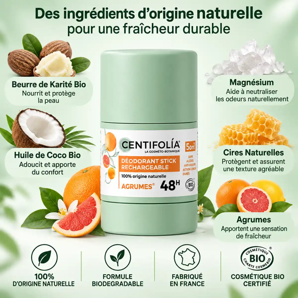 Déodorant stick Centifolia agrumes 50g avec ingrédients naturels bio