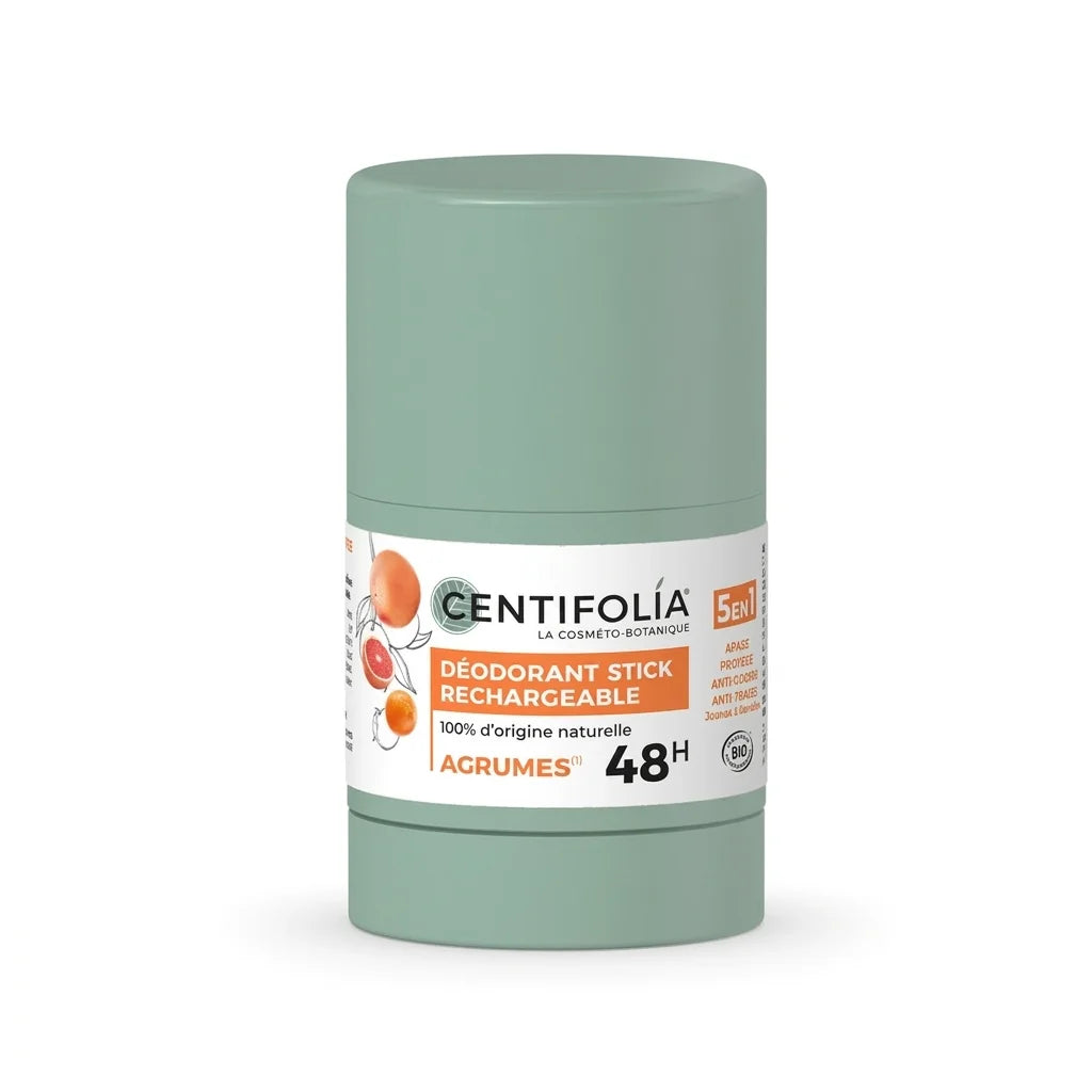 Déodorant stick rechargeable Centifolia Agrumes 50g bio, flacon vert avec label blanc
