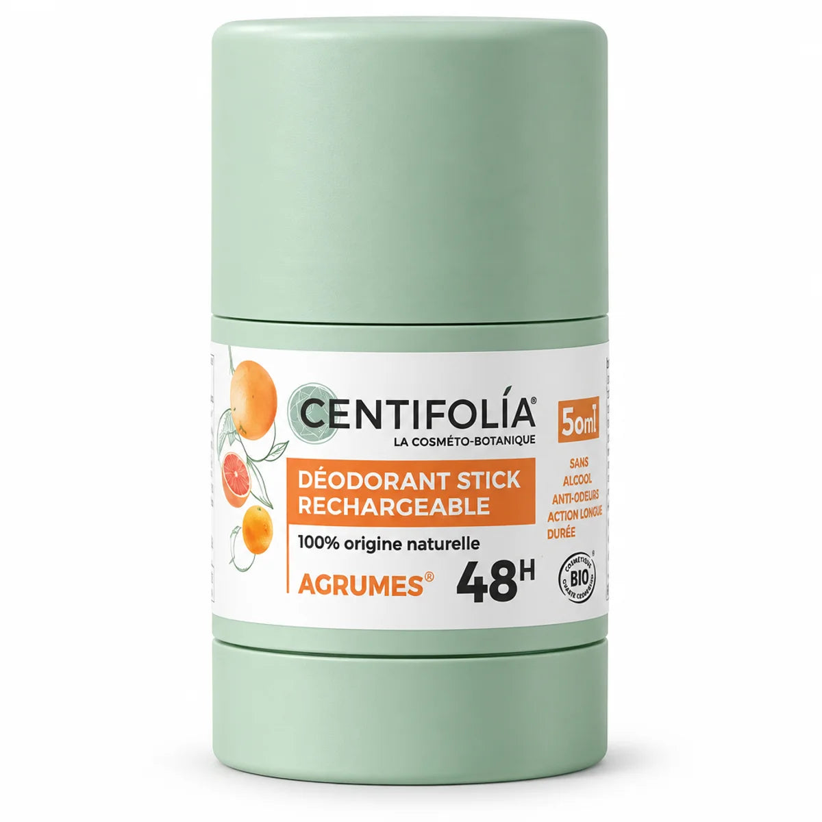 Déodorant stick rechargeable Centifolia Agrumes 50g, flacon vert menthe avec capuchon bois