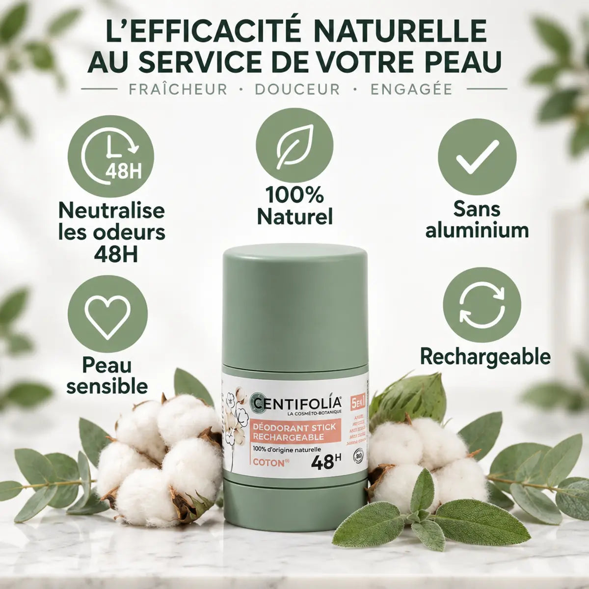 Déodorant stick rechargeable Centifolia fleur de coton 50g avec bénéfices naturels 48h