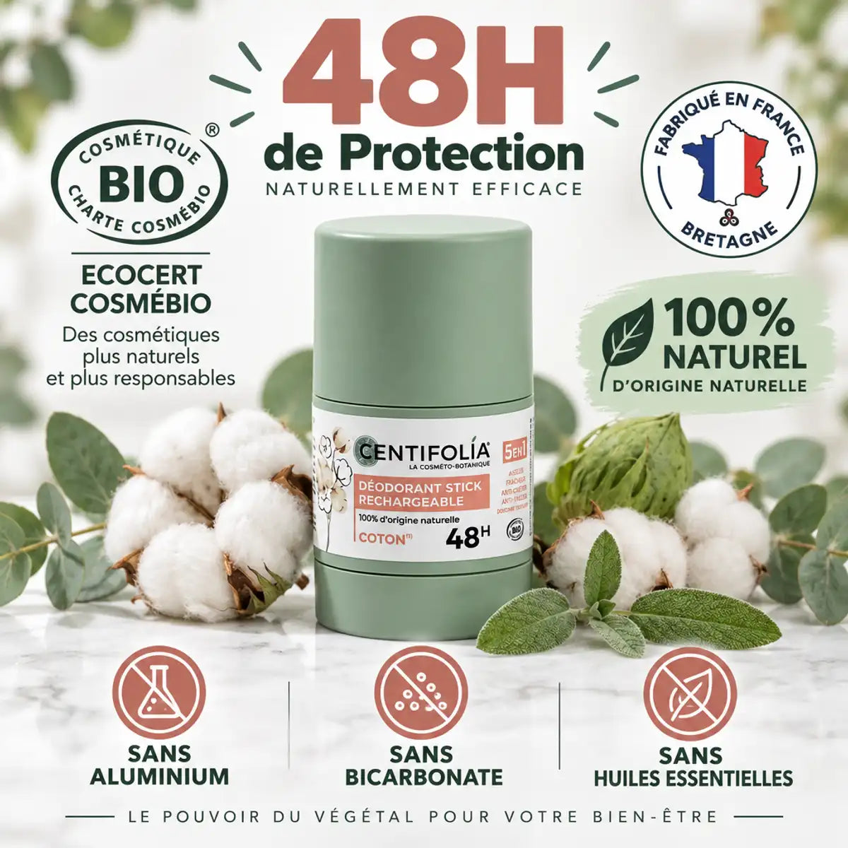 Déodorant stick rechargeable Centifolia fleur de coton 50g naturel sans aluminium