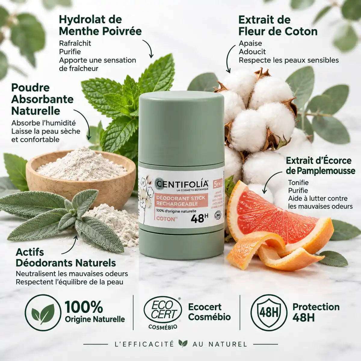 Déodorant stick rechargeable Centifolia Fleur de Coton 50g avec ingrédients naturels et certification Ecocert