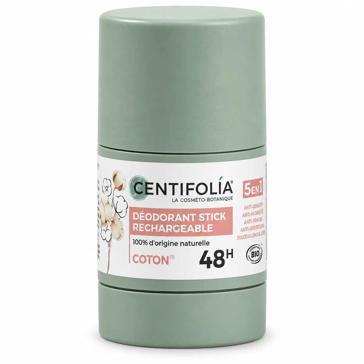 Déodorant stick rechargeable Centifolia Fleur de Coton 50g, bouchon vert sauge