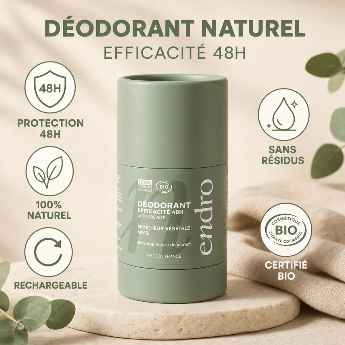 Déodorant stick rechargeable Endro 50g vert sage avec infographie des 5 bénéfices naturels