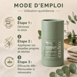 Déodorant stick rechargeable Endro 50g vert sage avec mode d'emploi étapes application fraicheur végétale