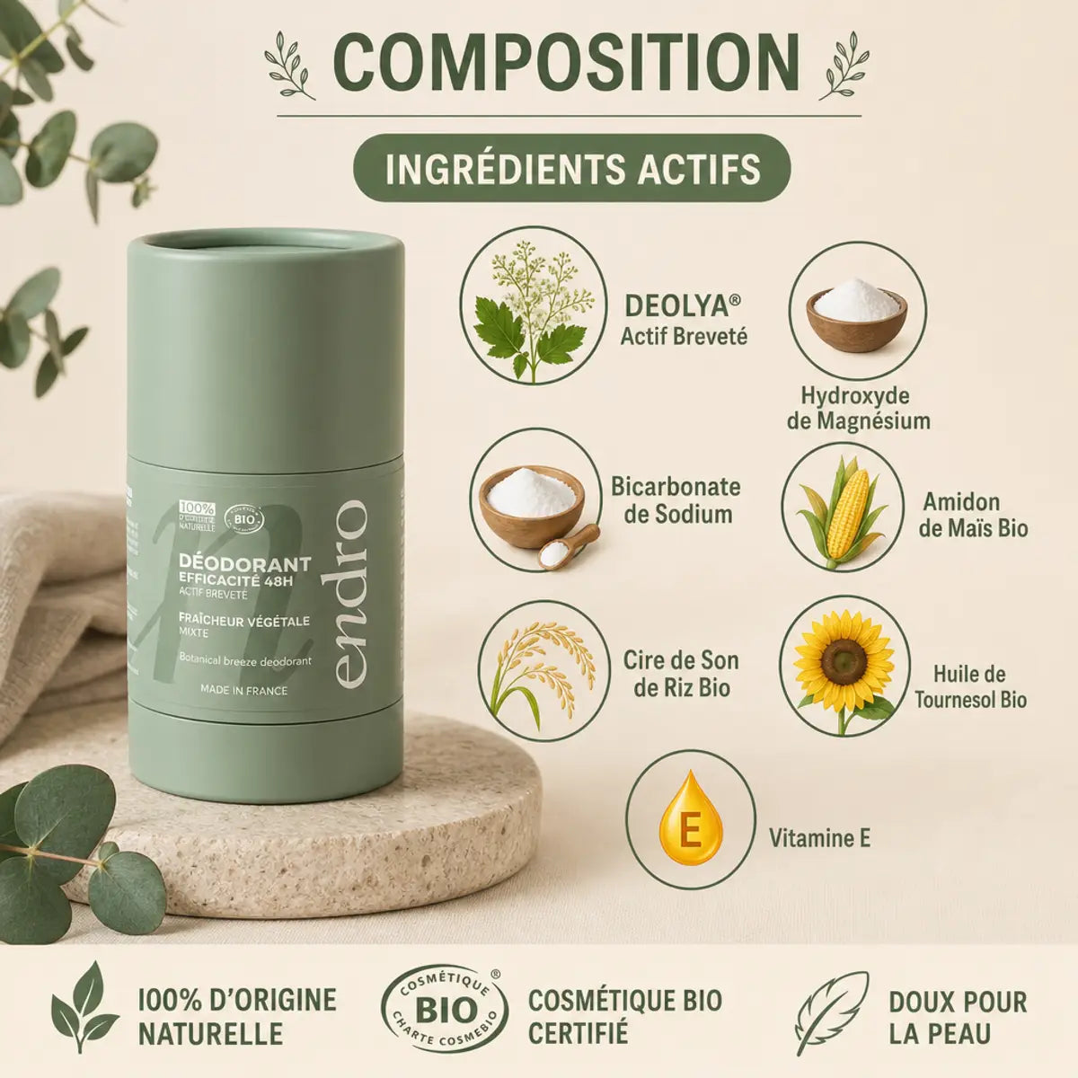 Déodorant stick rechargeable Endro avec composition ingrédients naturels bio et actifs brevetés