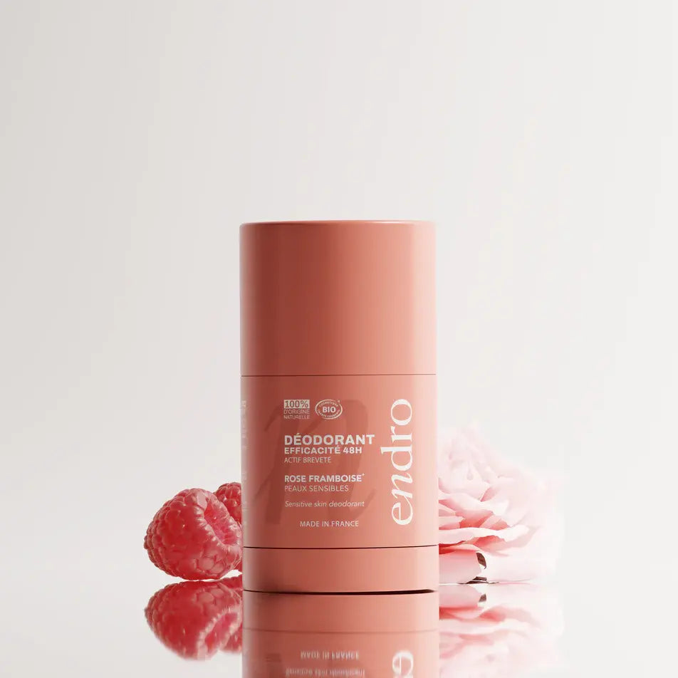 Un déodorant de 50 grammes Endro, parfum rose-framboise