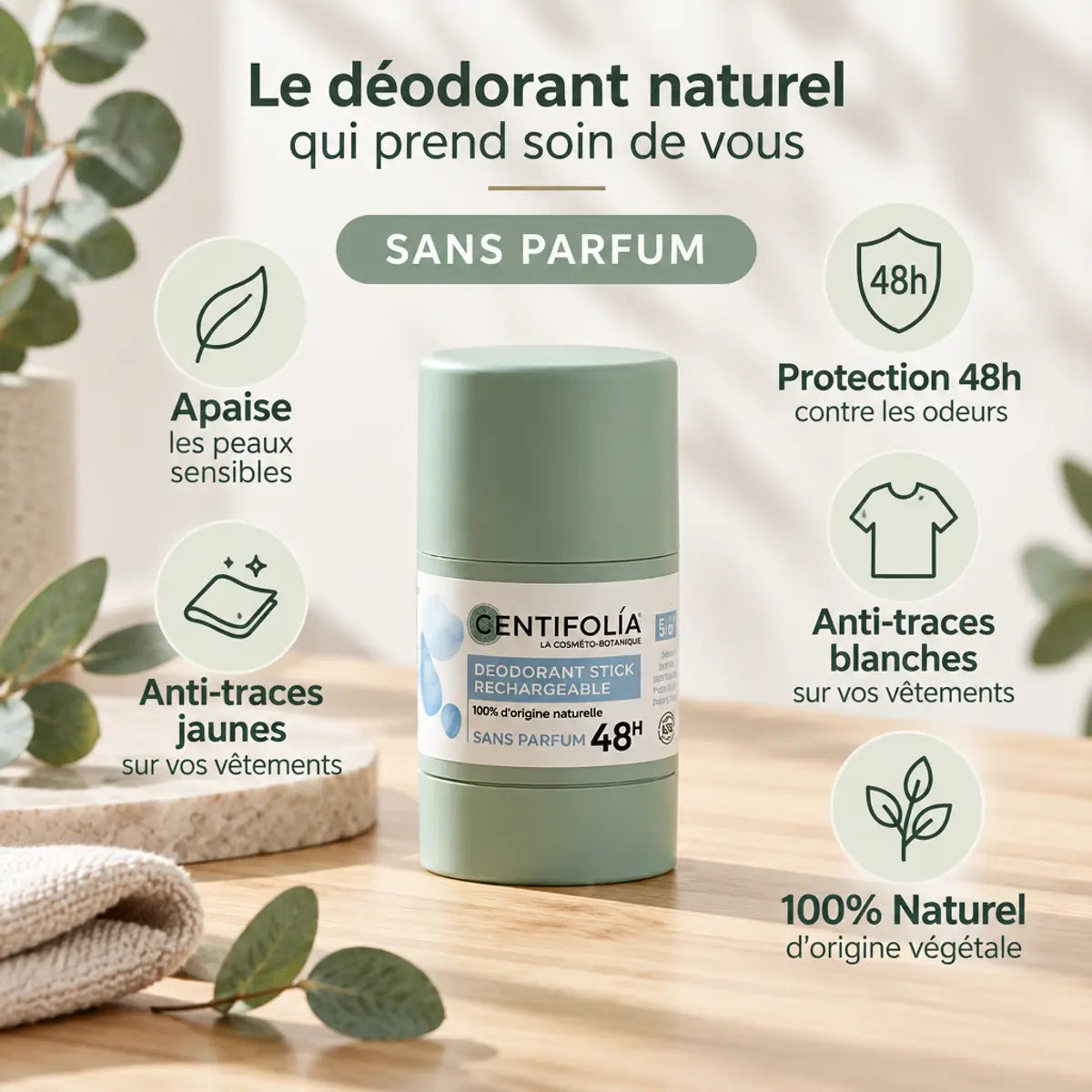 Déodorant stick rechargeable Centifolia sans parfum avec bénéfices naturels et protection 48h
