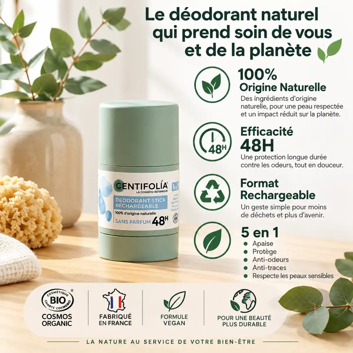 Déodorant stick rechargeable Centifolia sans parfum 48h, format 50g naturel