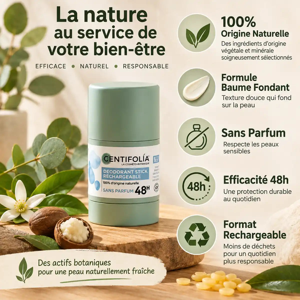 Déodorant stick rechargeable Centifolia sans parfum 50g efficacité 48h naturel